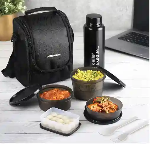  CELLO MF All in One Lunch Box Set of 5 with Bag,Black | 3 Containers with Steel Inner, 1 Plastic Pickle Box and 1 Steel Bottle